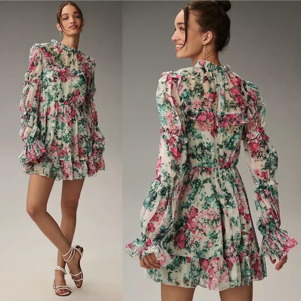 Nwt Anthropologie Mac Duggal Long Sleeve Ruffled Mini Dress